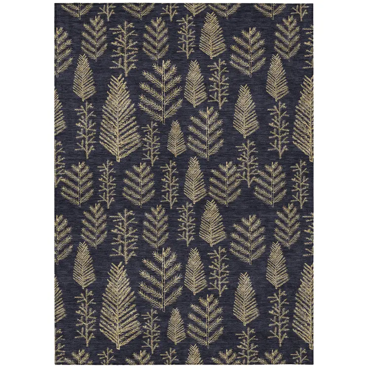 5' X 8' Black And Gold Botanical Leaves Washable Indoor Outdoor Area Rug