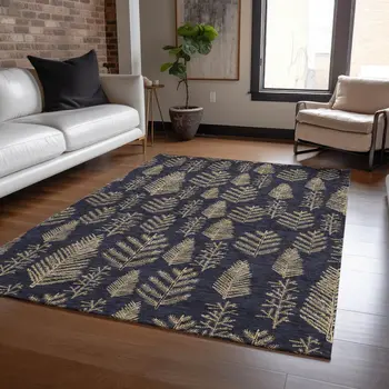 5' X 8' Black And Gold Botanical Leaves Washable Indoor Outdoor Area Rug
