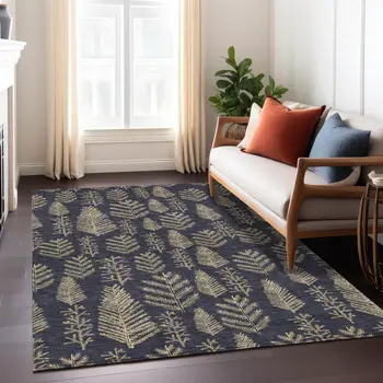 5' X 8' Black And Gold Botanical Leaves Washable Indoor Outdoor Area Rug