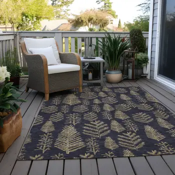 5' X 8' Black And Gold Botanical Leaves Washable Indoor Outdoor Area Rug