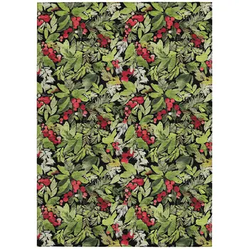 5' X 8' Black Green And Red Botanical Leaves Washable Indoor Outdoor Area Rug