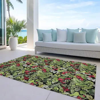 5' X 8' Black Green And Red Botanical Leaves Washable Indoor Outdoor Area Rug