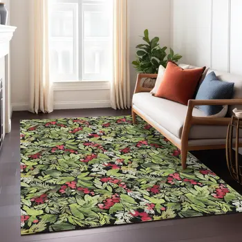 5' X 8' Black Green And Red Botanical Leaves Washable Indoor Outdoor Area Rug