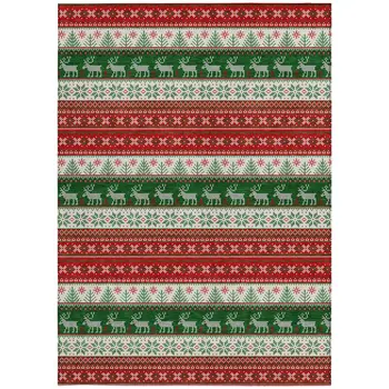 5' X 8' Red Green And Ivory Animal Print Washable Indoor Outdoor Area Rug