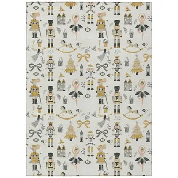10' X 14' Ivory Gold Black And Gray Village Houses Washable Indoor Outdoor Area Rug