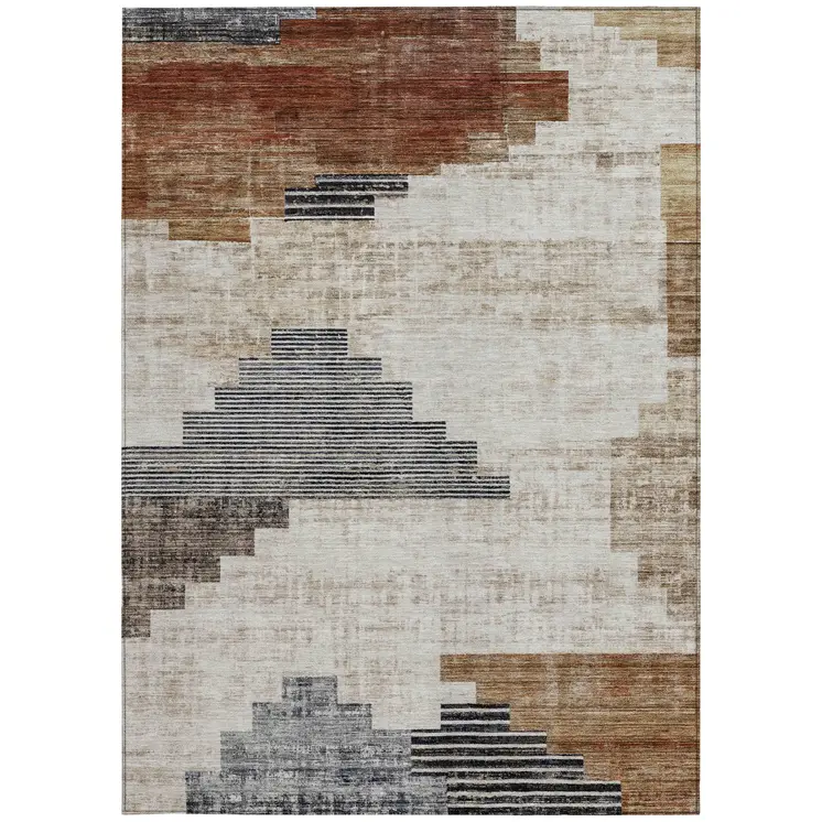 3' X 5' Rust Ivory And Charcoal Geometric Washable Indoor Outdoor Area Rug