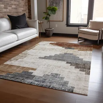 3' X 5' Rust Ivory And Charcoal Geometric Washable Indoor Outdoor Area Rug