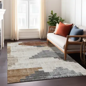3' X 5' Rust Ivory And Charcoal Geometric Washable Indoor Outdoor Area Rug