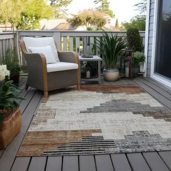 3' X 5' Rust Ivory And Charcoal Geometric Washable Indoor Outdoor Area Rug