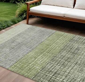 9' X 12' Artichoke Green And Gray Geometric Washable Indoor Outdoor Area Rug