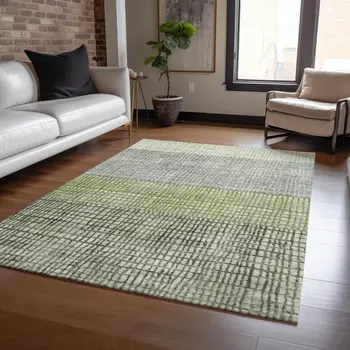 9' X 12' Artichoke Green And Gray Geometric Washable Indoor Outdoor Area Rug