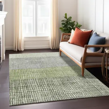 9' X 12' Artichoke Green And Gray Geometric Washable Indoor Outdoor Area Rug