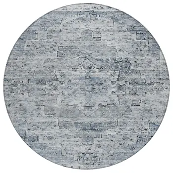 8' Sky Blue And Denim Blue Round Medallion Washable Indoor Outdoor Area Rug