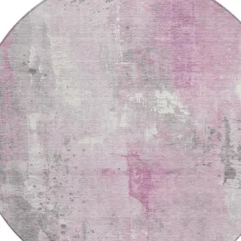 8' Pink And Gray Round Abstract Washable Indoor Outdoor Area Rug