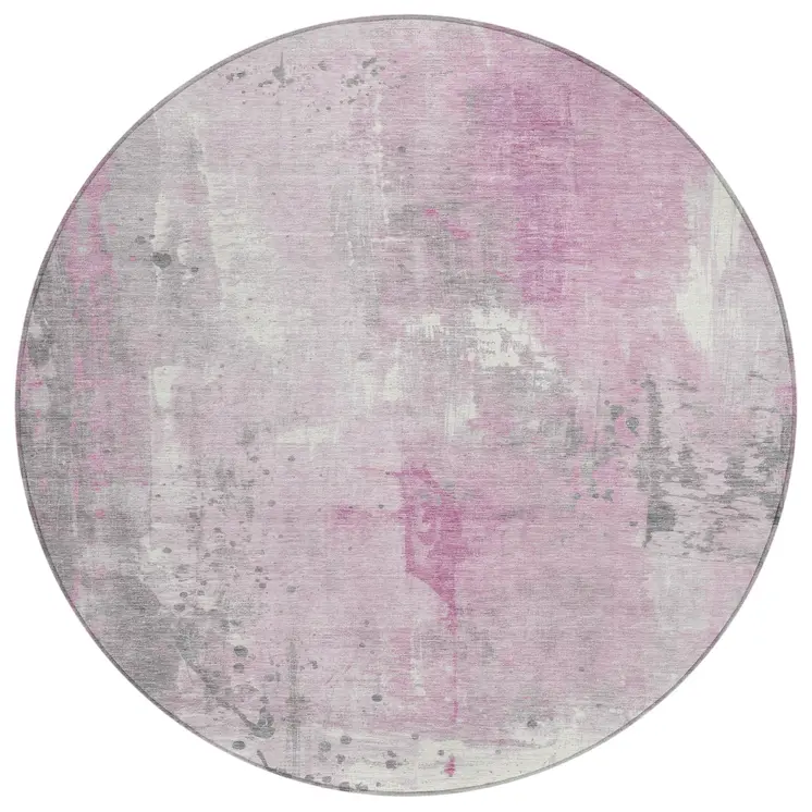 8' Pink And Gray Round Abstract Washable Indoor Outdoor Area Rug
