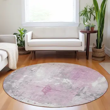 8' Pink And Gray Round Abstract Washable Indoor Outdoor Area Rug