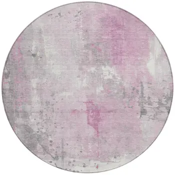 8' Pink And Gray Round Abstract Washable Indoor Outdoor Area Rug