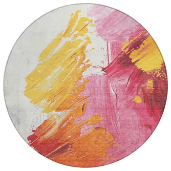 8' Blush Gold And Orange Round Abstract Washable Indoor Outdoor Area Rug