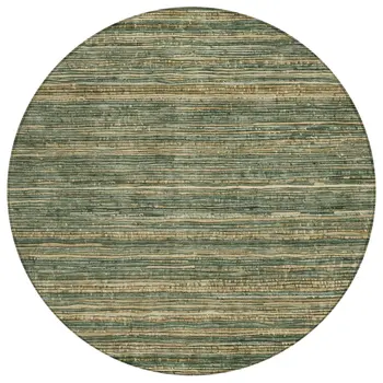 8' Fern Green And Charcoal Round Striped Washable Indoor Outdoor Area Rug
