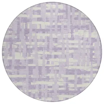 8' Lavender Lilac And Ivory Round Striped Washable Indoor Outdoor Area Rug