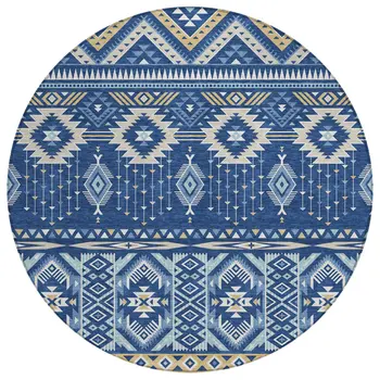8' Navy Blue Beige And Ivory Round Aztec Washable Indoor Outdoor Area Rug