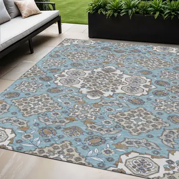 5' X 8' Sky Blue Taupe And Ivory Medallion Washable Indoor Outdoor Area Rug