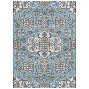 5' X 8' Sky Blue Taupe And Ivory Medallion Washable Indoor Outdoor Area Rug