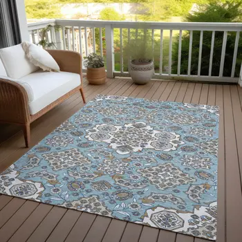 5' X 8' Sky Blue Taupe And Ivory Medallion Washable Indoor Outdoor Area Rug