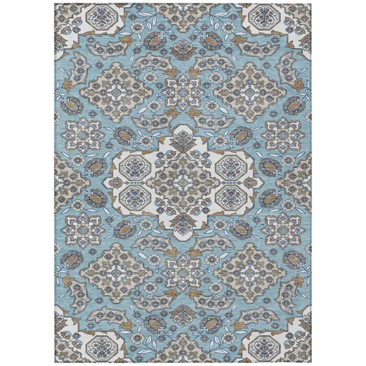 5' X 8' Sky Blue Taupe And Ivory Medallion Washable Indoor Outdoor Area Rug