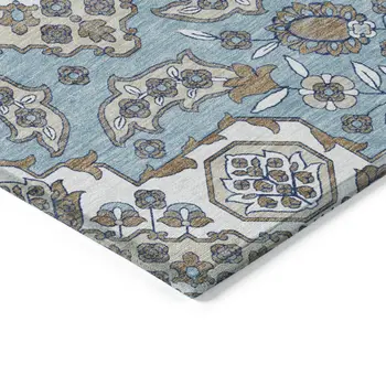 5' X 8' Sky Blue Taupe And Ivory Medallion Washable Indoor Outdoor Area Rug