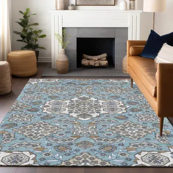 5' X 8' Sky Blue Taupe And Ivory Medallion Washable Indoor Outdoor Area Rug