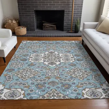 5' X 8' Sky Blue Taupe And Ivory Medallion Washable Indoor Outdoor Area Rug