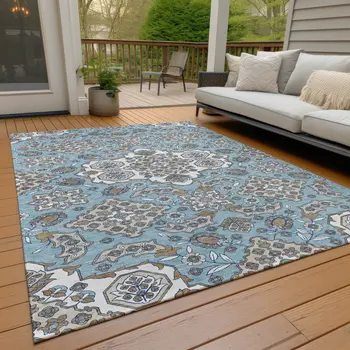 5' X 8' Sky Blue Taupe And Ivory Medallion Washable Indoor Outdoor Area Rug