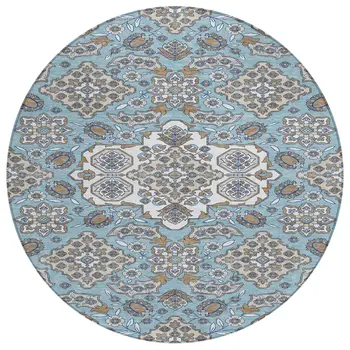 8' Sky Blue Taupe And Ivory Round Medallion Washable Indoor Outdoor Area Rug