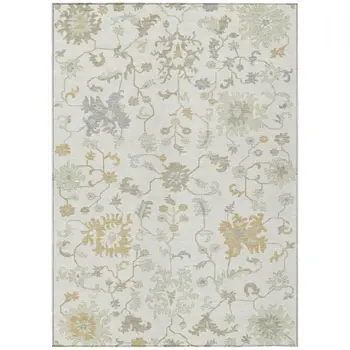 9' X 12' Ivory Gray And Taupe Floral Washable Indoor Outdoor Area Rug