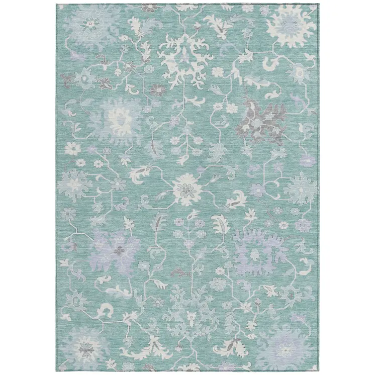 8' X 10' Pale Aqua Ivory And Gray Floral Washable Indoor Outdoor Area Rug