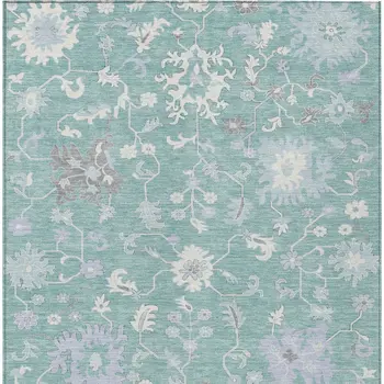 8' X 10' Pale Aqua Ivory And Gray Floral Washable Indoor Outdoor Area Rug