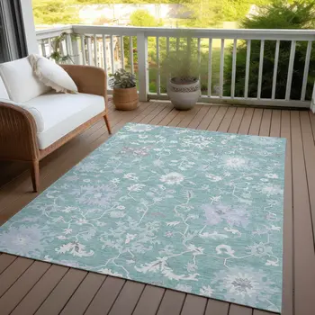 8' X 10' Pale Aqua Ivory And Gray Floral Washable Indoor Outdoor Area Rug