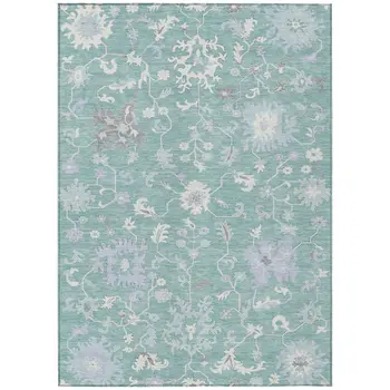 8' X 10' Pale Aqua Ivory And Gray Floral Washable Indoor Outdoor Area Rug