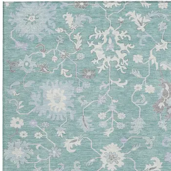 8' X 10' Pale Aqua Ivory And Gray Floral Washable Indoor Outdoor Area Rug