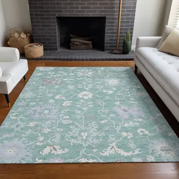 8' X 10' Pale Aqua Ivory And Gray Floral Washable Indoor Outdoor Area Rug