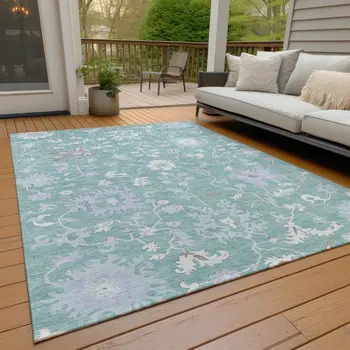 8' X 10' Pale Aqua Ivory And Gray Floral Washable Indoor Outdoor Area Rug
