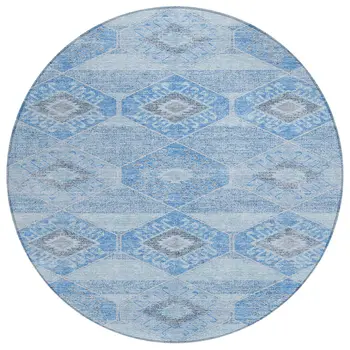 8' Blue And Gray Round Aztec Washable Indoor Outdoor Area Rug
