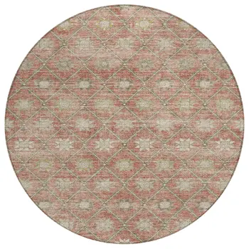 8' Terra Cotta And Beige Round Floral Washable Indoor Outdoor Area Rug