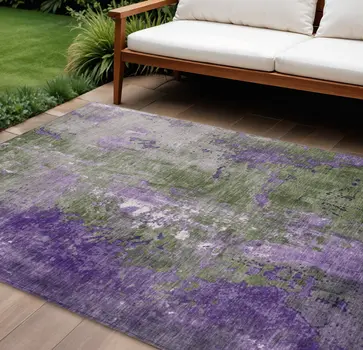 9' X 12' Olive Green And Purple Abstract Washable Indoor Outdoor Area Rug