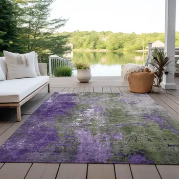 9' X 12' Olive Green And Purple Abstract Washable Indoor Outdoor Area Rug