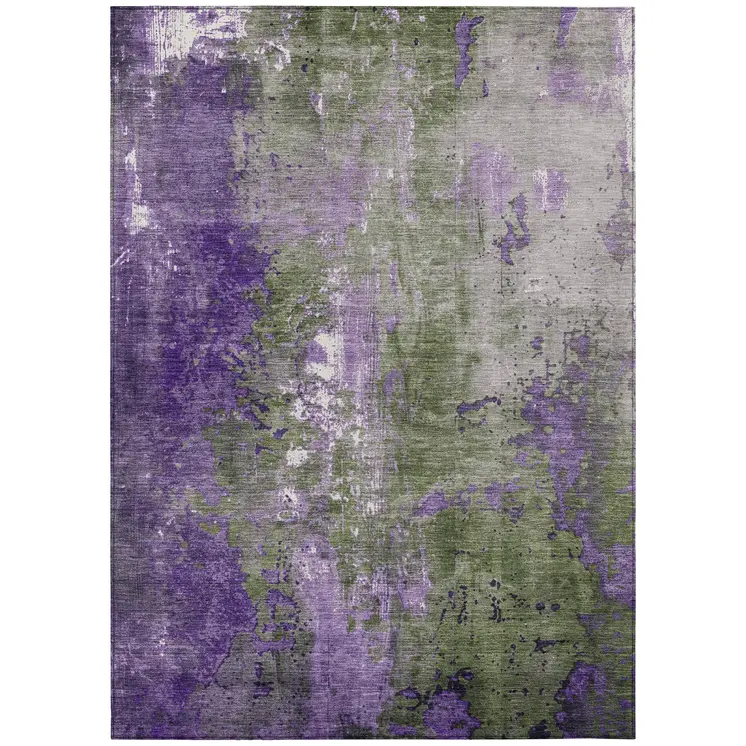 9' X 12' Olive Green And Purple Abstract Washable Indoor Outdoor Area Rug