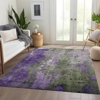 9' X 12' Olive Green And Purple Abstract Washable Indoor Outdoor Area Rug