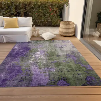 9' X 12' Olive Green And Purple Abstract Washable Indoor Outdoor Area Rug