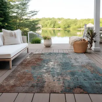 8' X 10' Rust And Teal Blue Abstract Washable Indoor Outdoor Area Rug